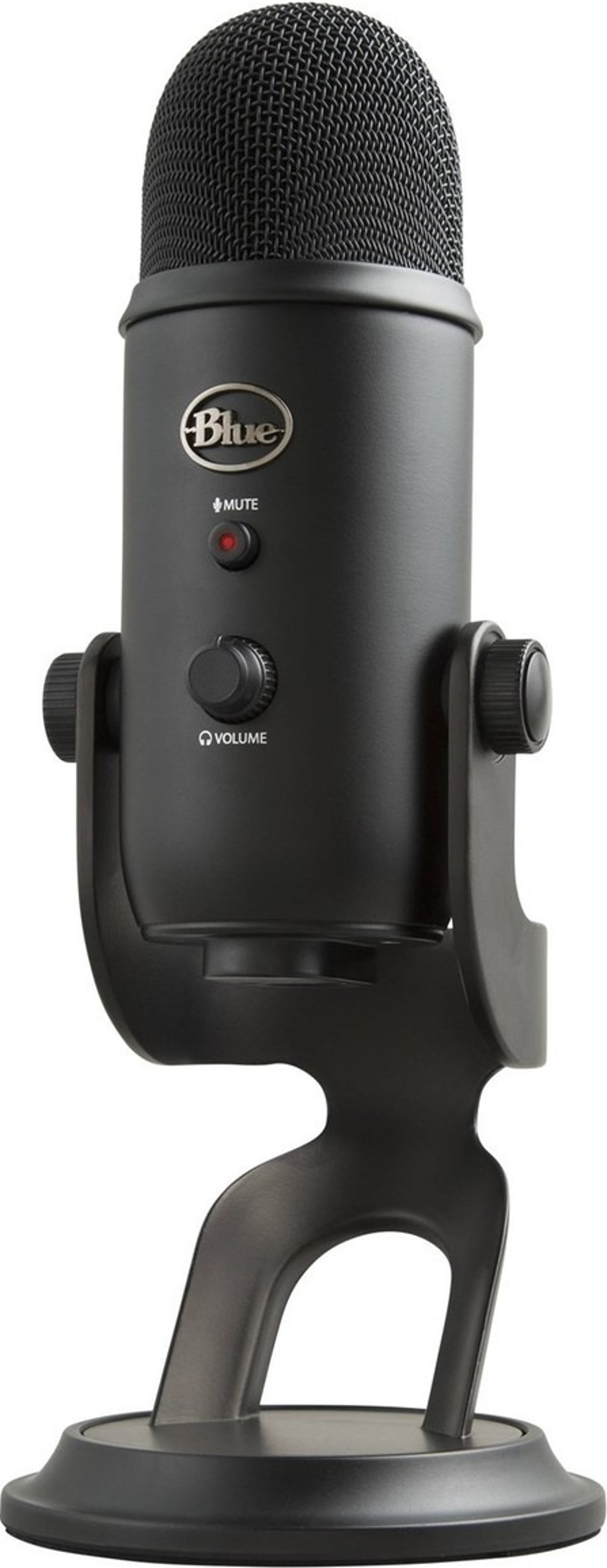 Microfono USB blu su supporto. Ha controlli mute e volume.