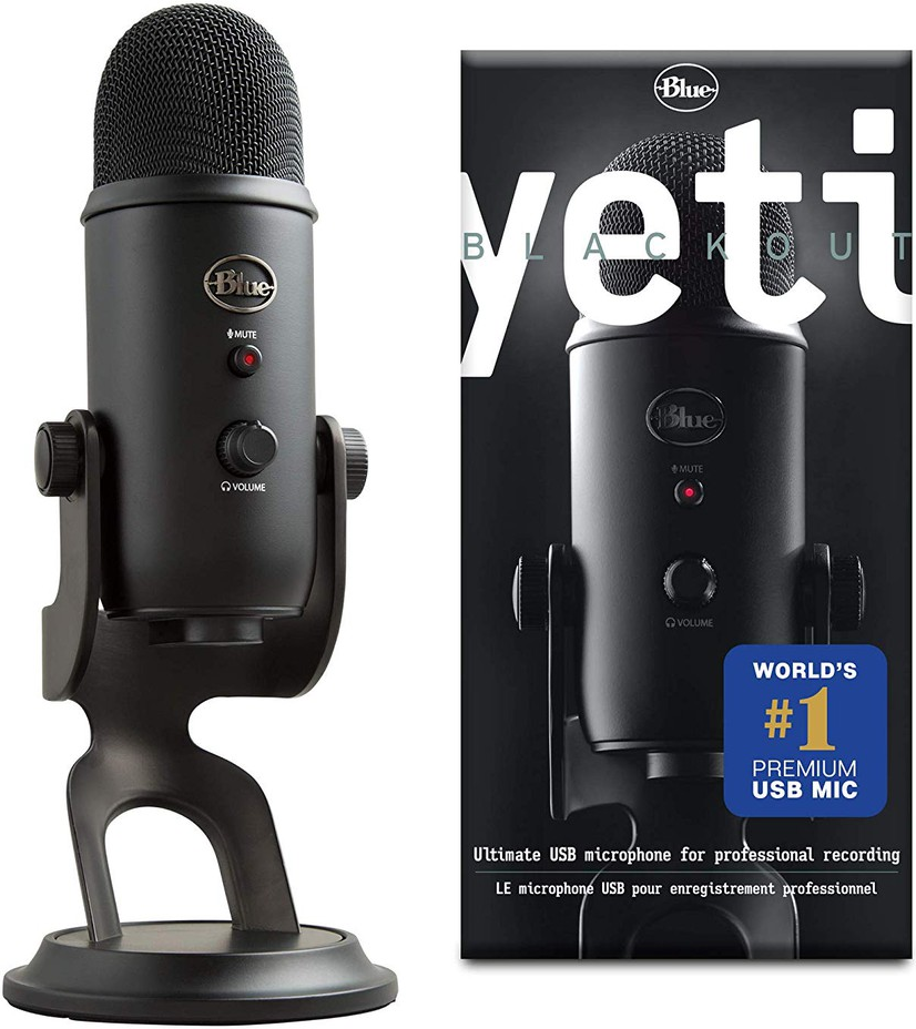 Microfono Blue Yeti nero con la scatola. Microfono a sinistra, scatola a destra.