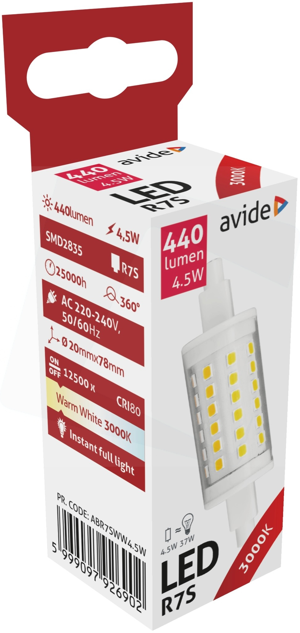 Fehér és piros doboz egy LED izzóhoz. Információk a lumenekről és a wattokról.