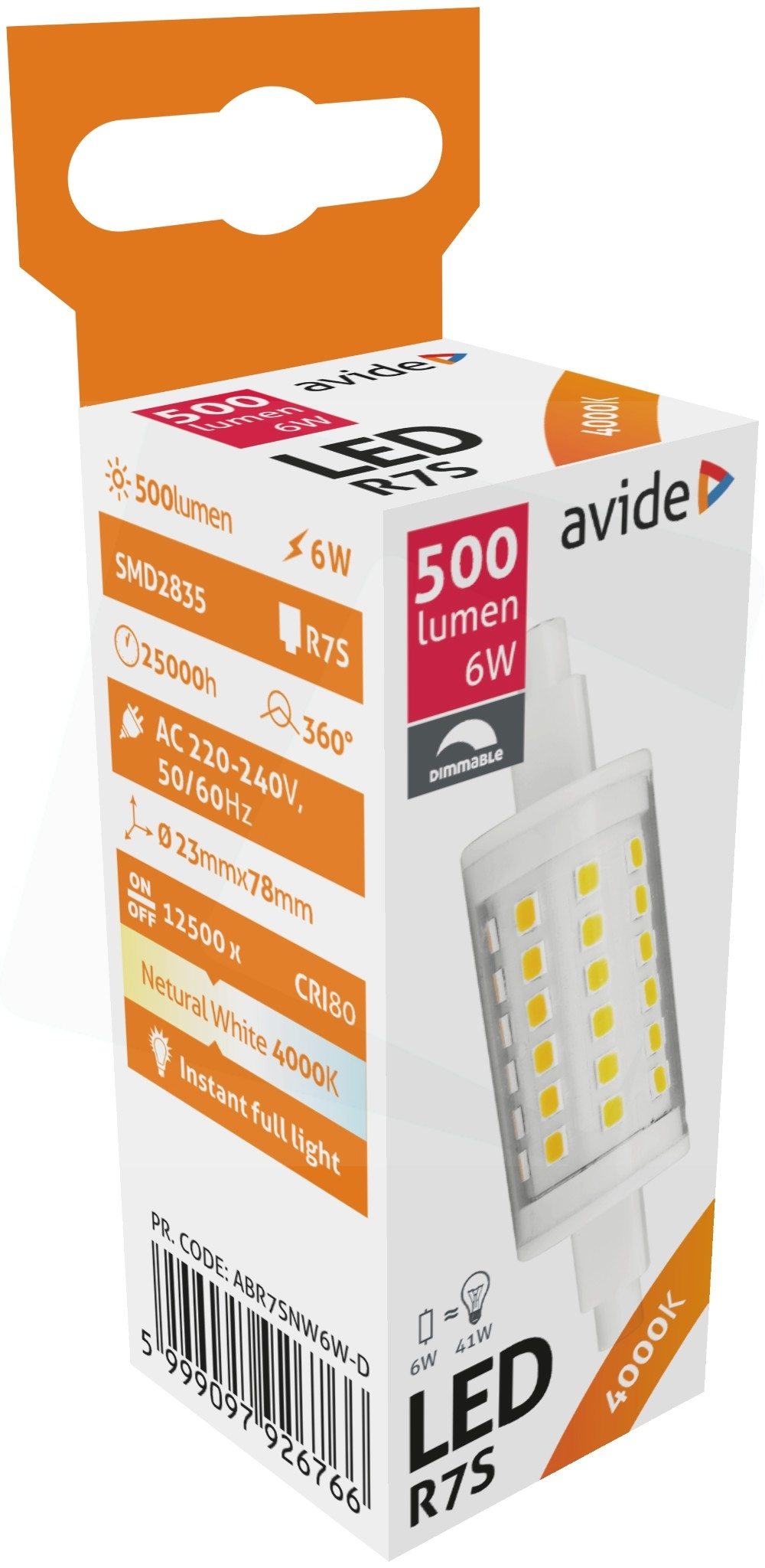 LED R7S izzó doboza specifikációkkal és 4000K felirattal. Fehér háttér.