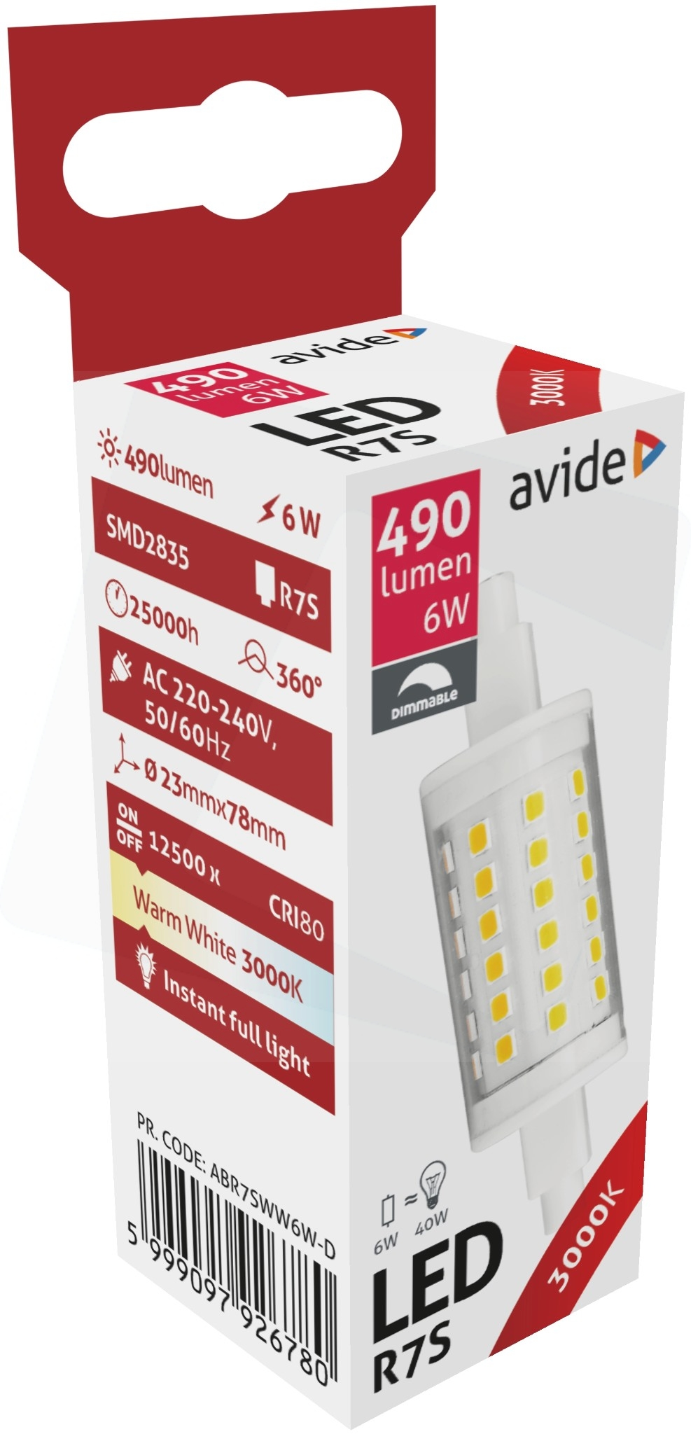 LED R7S izzó doboza, 490 lumen és 6W részletekkel.