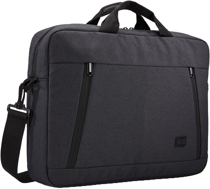 Schwarze Laptoptasche mit Schulterriemen, zwei Reißverschlüssen und kleinem Markenlogo rechts.