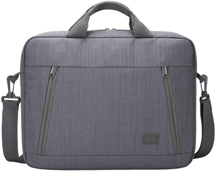 Graue Laptoptasche mit Griff und Schulterriemen. Sie hat zwei vordere Reißverschlusstaschen.