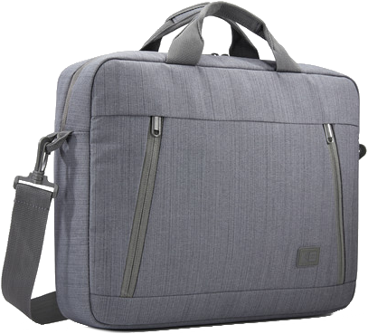 Graue Laptoptasche mit Griff und Schulterriemen. Reißverschlüsse und ein Logo sind sichtbar. Weißer Hintergrund.