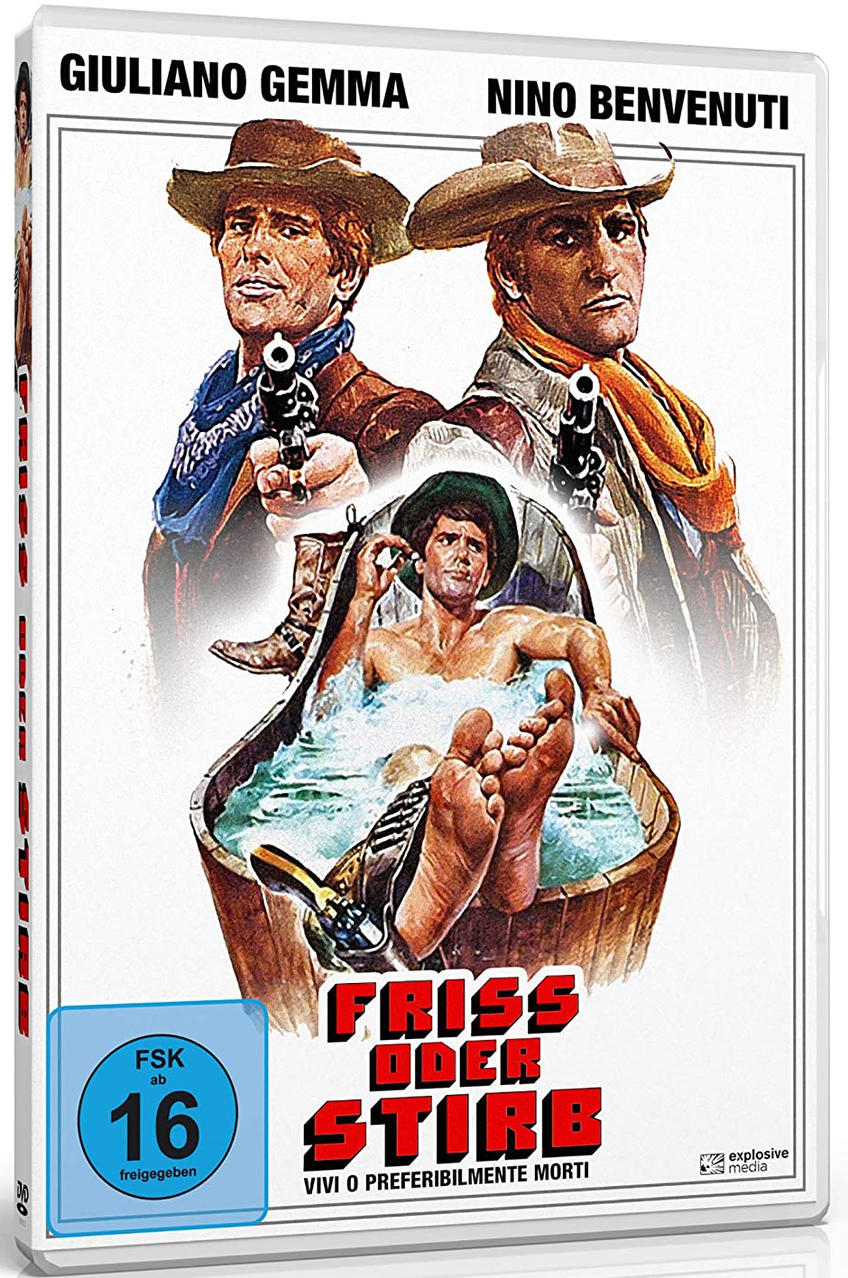 DVD-Cover mit drei Männern, zwei halten Pistolen und einer in einer Badewanne. Text: 'Friss oder Stirb'.