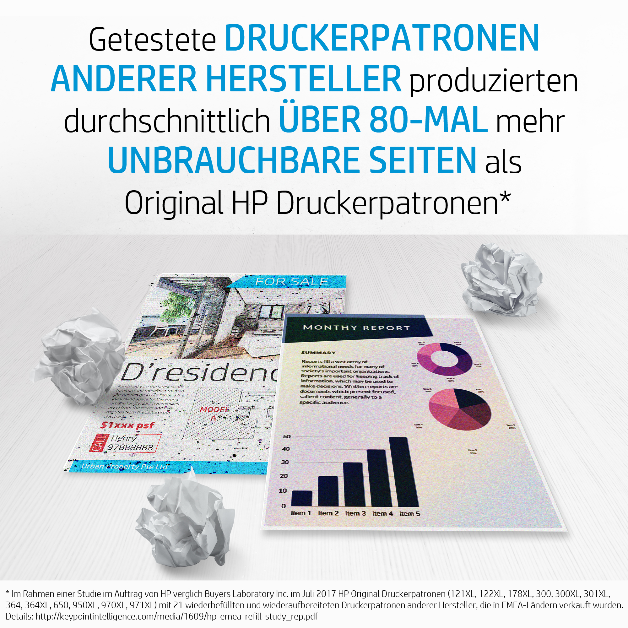 Textanzeige mit Dokumenten, Diagrammen und zerknitterten Papieren. Der Text ist auf Deutsch. Der Hintergrund ist weiß.