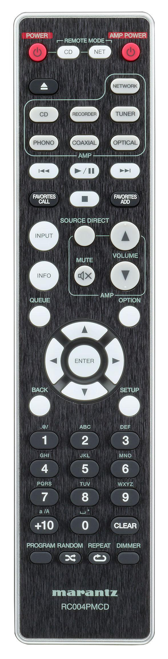 Eine schwarze Marantz RC004PMCD Fernbedienung mit verschiedenen Tasten und Beschriftungen.