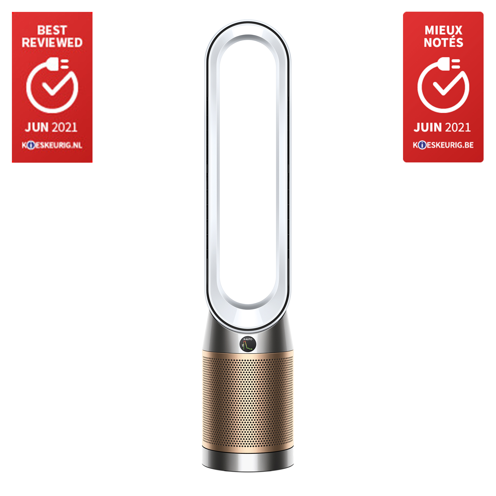 Een Dyson luchtreiniger ventilator met twee labels met positieve beoordelingen.