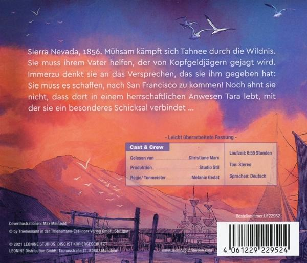 Rückseite eines Buchcovers mit Text über Sierra Nevada, Möwen, ein Boot und eine kleine Illustration.