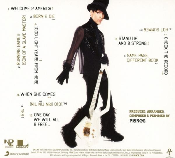 Rückseite von Princes Album mit Titelliste, Bild von Prince mit Gitarre und Albumdetails.