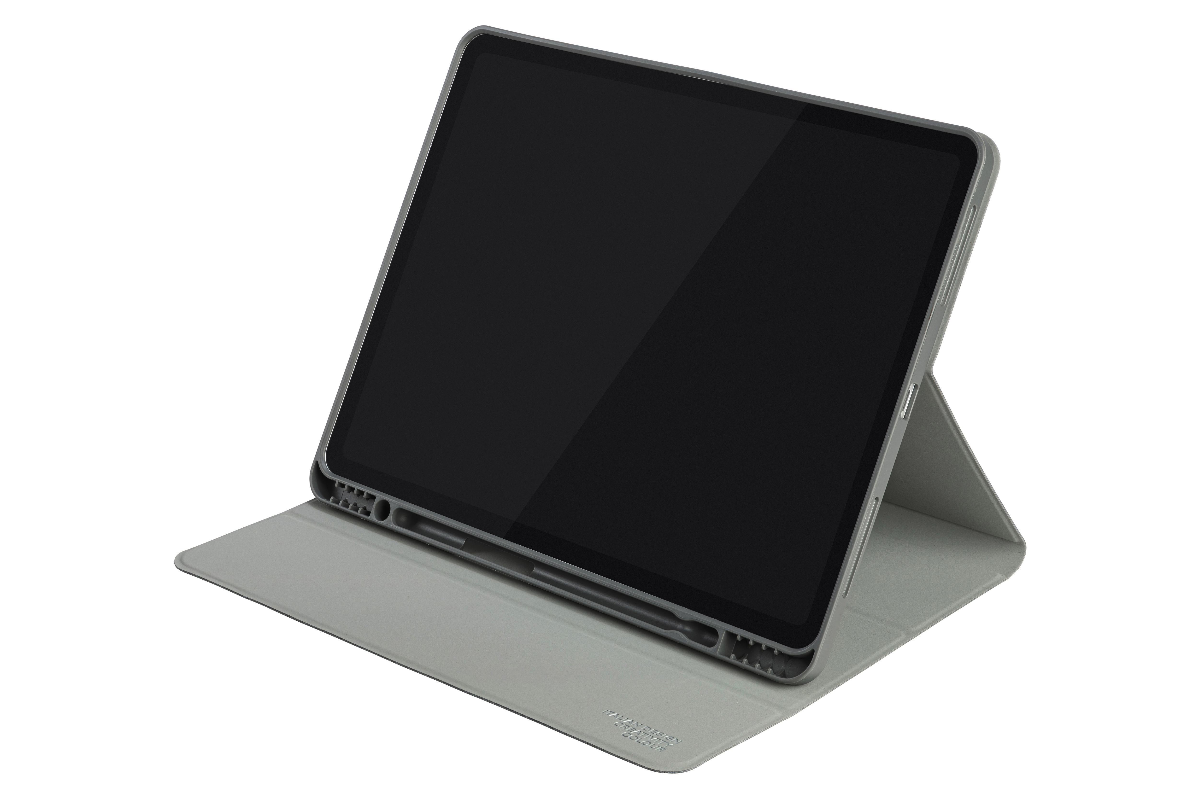 Ein graues Tablet in einem Gehäuse, das sich in einer schrägen Position befindet.