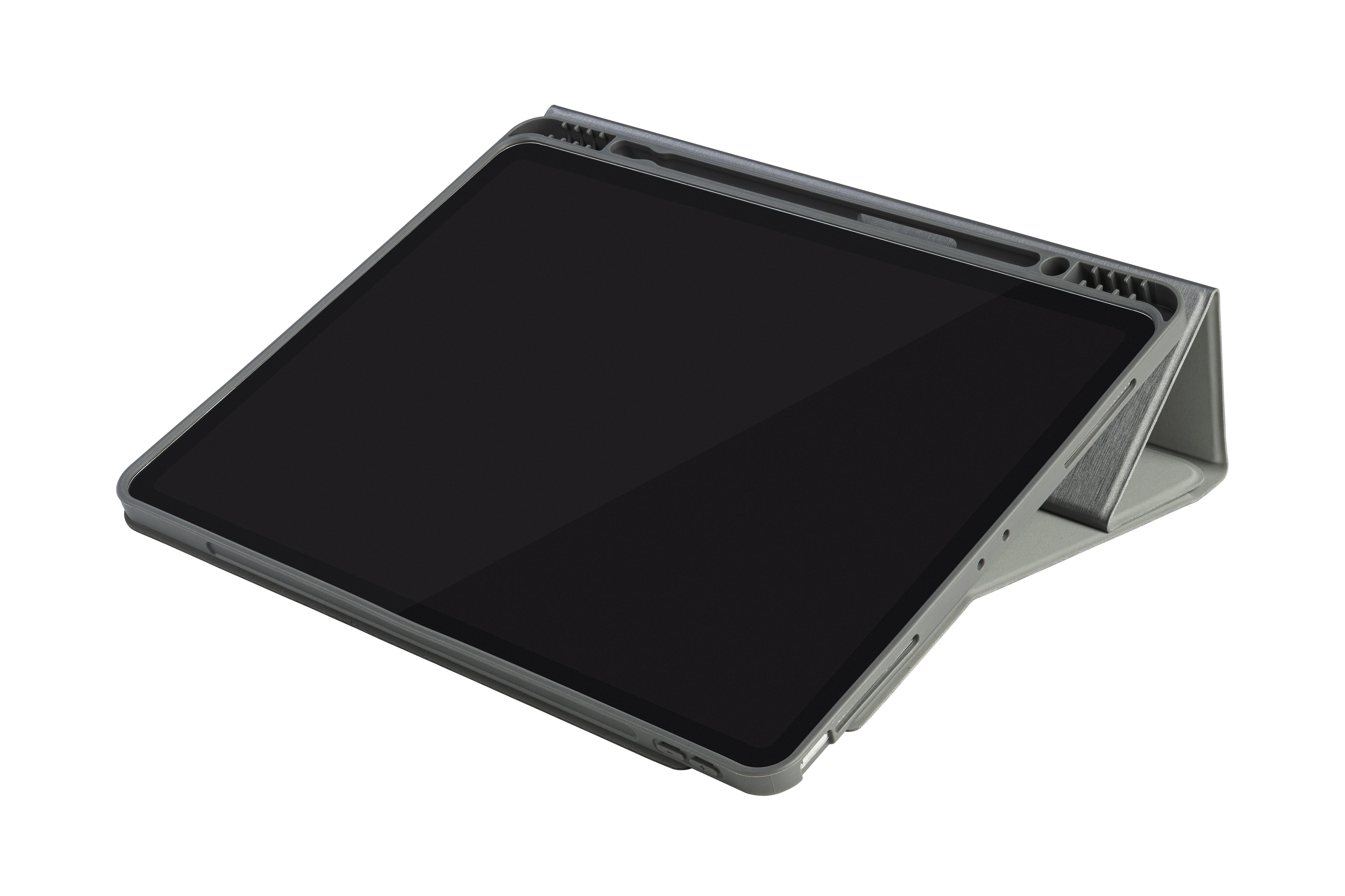 Graue Tablethülle mit geöffnetem Tablet. Das Tablet zeigt einen dunklen Bildschirm. Hülle ist abgestützt.