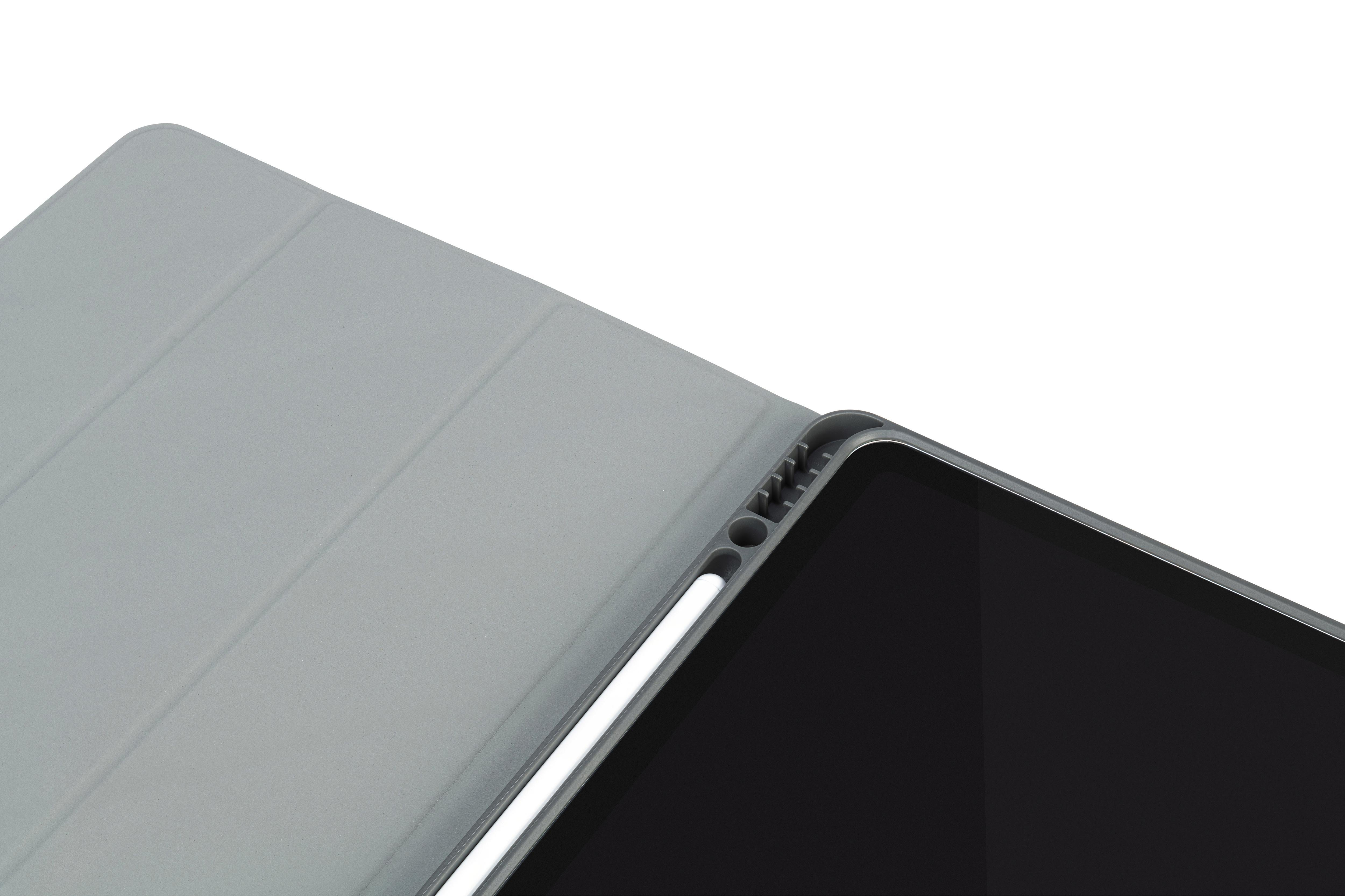 Graue Tablethülle, geöffnet. Ein weißer Stift ist seitlich eingesetzt. Der Tablet-Bildschirm ist sichtbar.