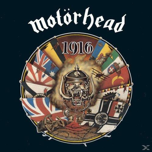 Motorhead album borító: Koponya, zászlók és az 1916-os szám.