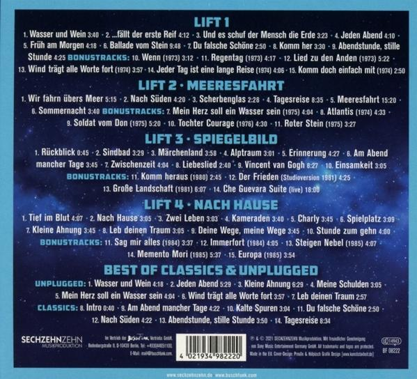 Albumcover mit Titellisten und Text auf Deutsch, mit schwarzem Hintergrund.