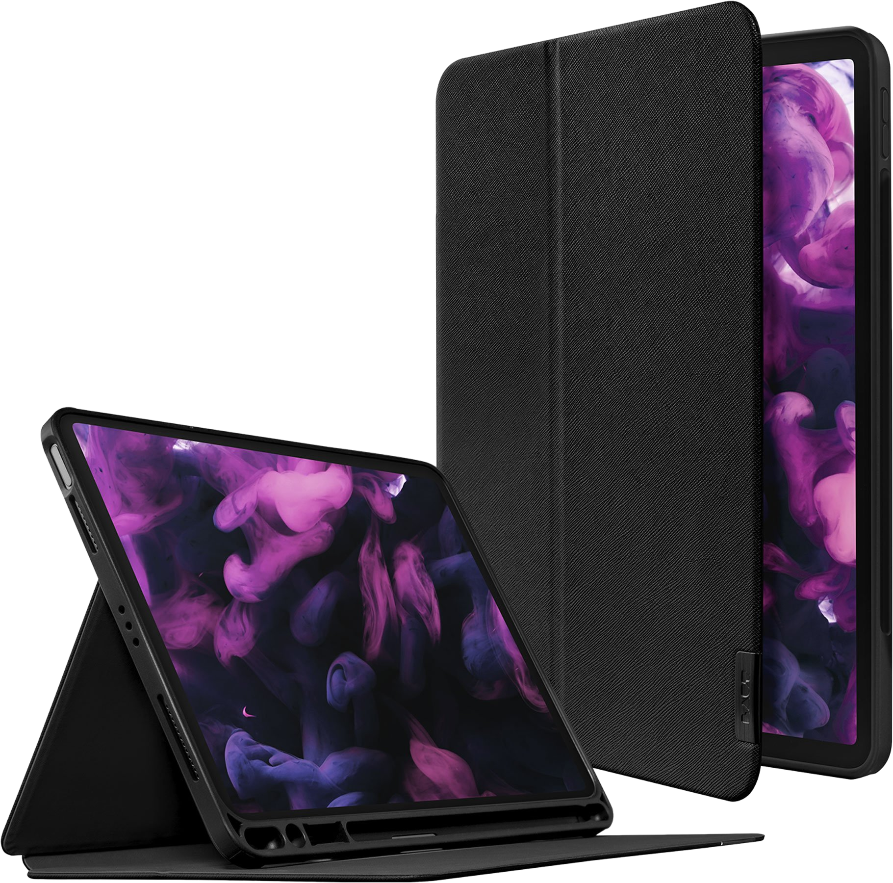 Custodia nera per tablet con un tablet all'interno. La custodia è aperta e un tablet è a destra.