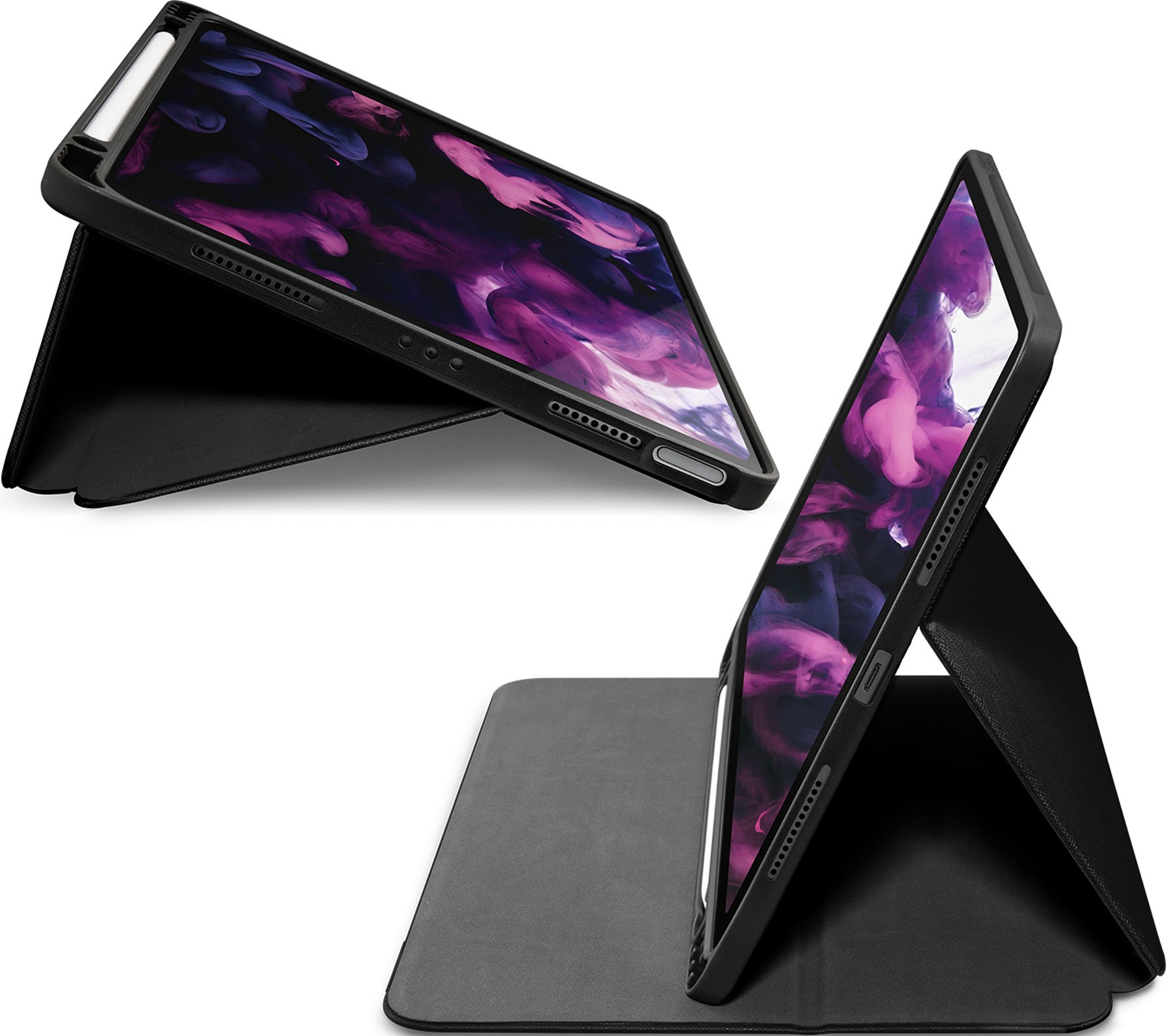 Due tablet neri in custodie, uno inclinato, uno piatto, su una superficie.