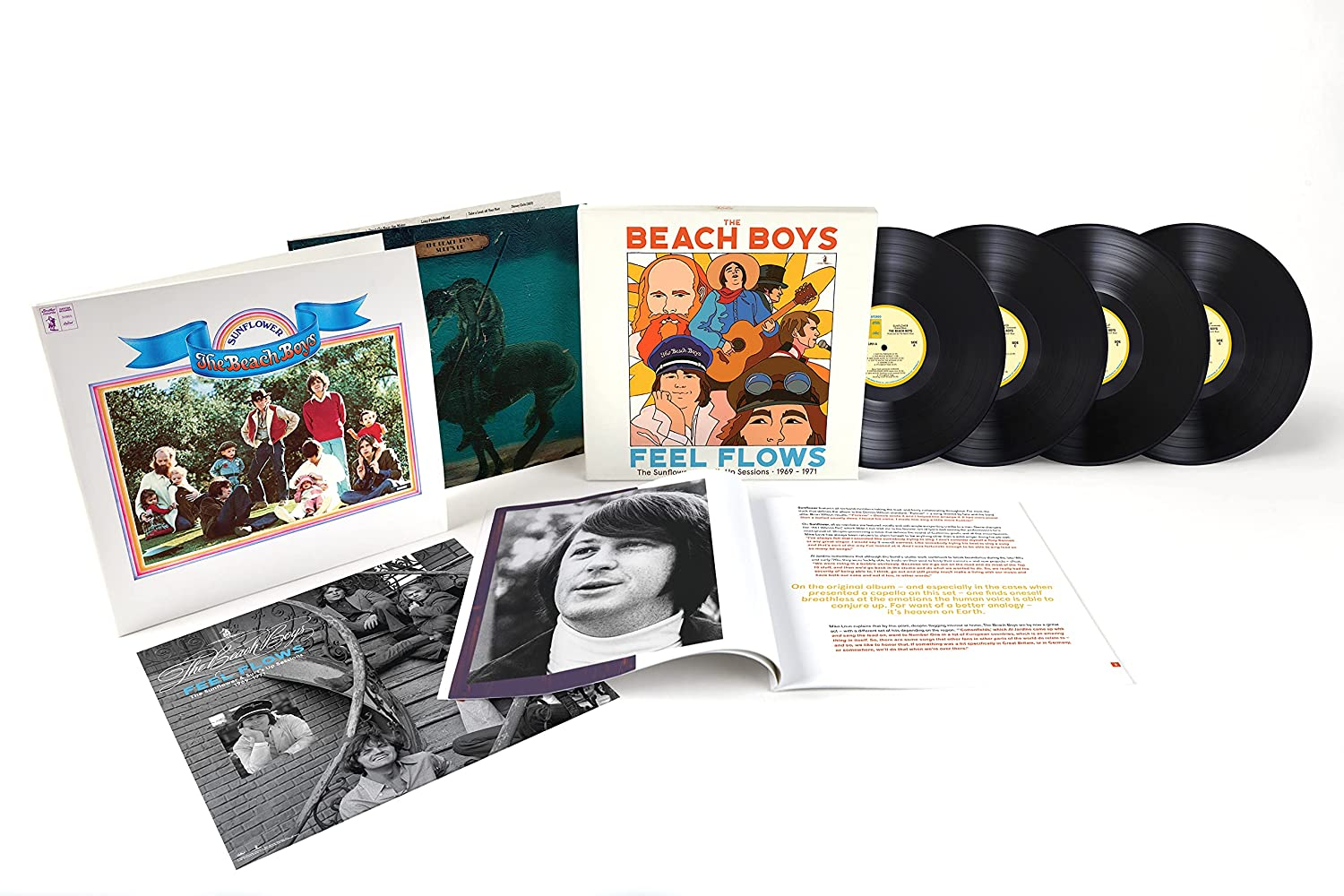 Beach Boys bakelit lemezbox, több LP-vel és borítóképpel.