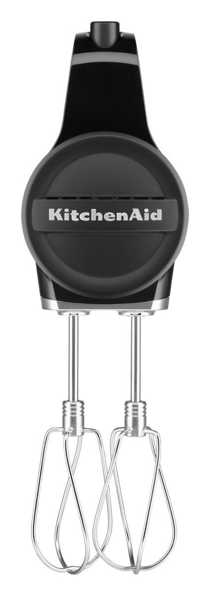 Schwarzer KitchenAid Handmixer, der Schneebesen zeigt.