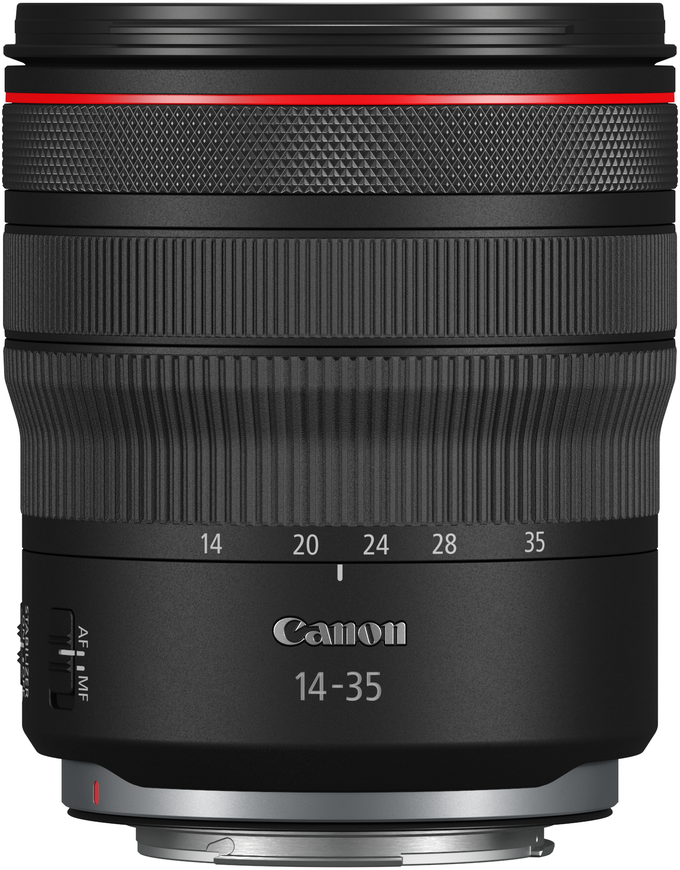 Canon-Objektiv mit schwarzem und rotem Gehäuse, hat die Zahlen 14 bis 35.