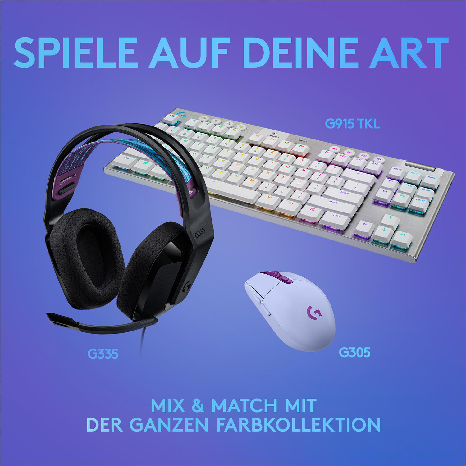 Gaming-Setup mit Headset, Tastatur und Maus auf einem lila-blauen Farbverlaufshintergrund.