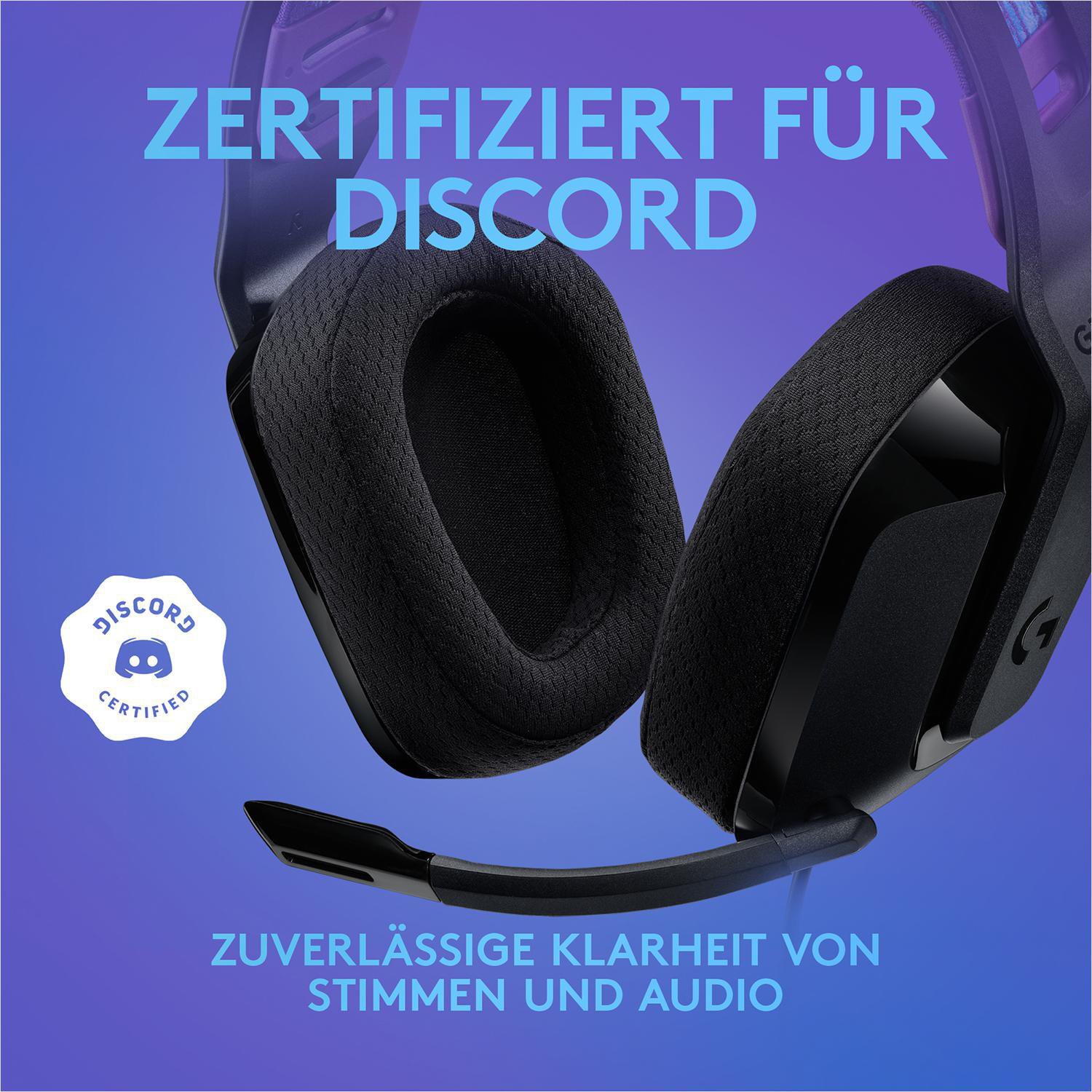 Schwarzes Headset mit Mikrofon, Discord-Zertifizierungslogo und Text zur Audioklarheit.