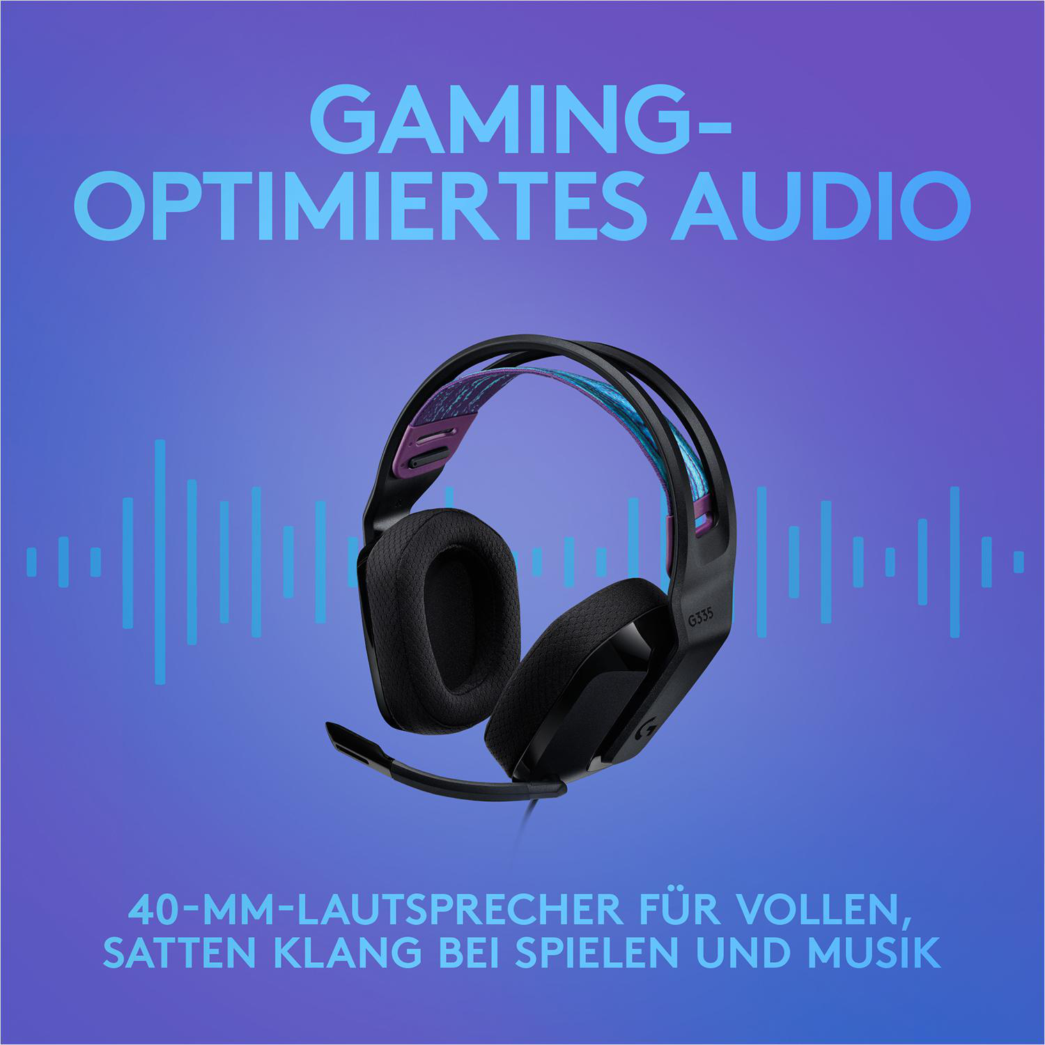 Schwarzes Gaming-Headset mit Text. Text sagt spieloptimiertes Audio.