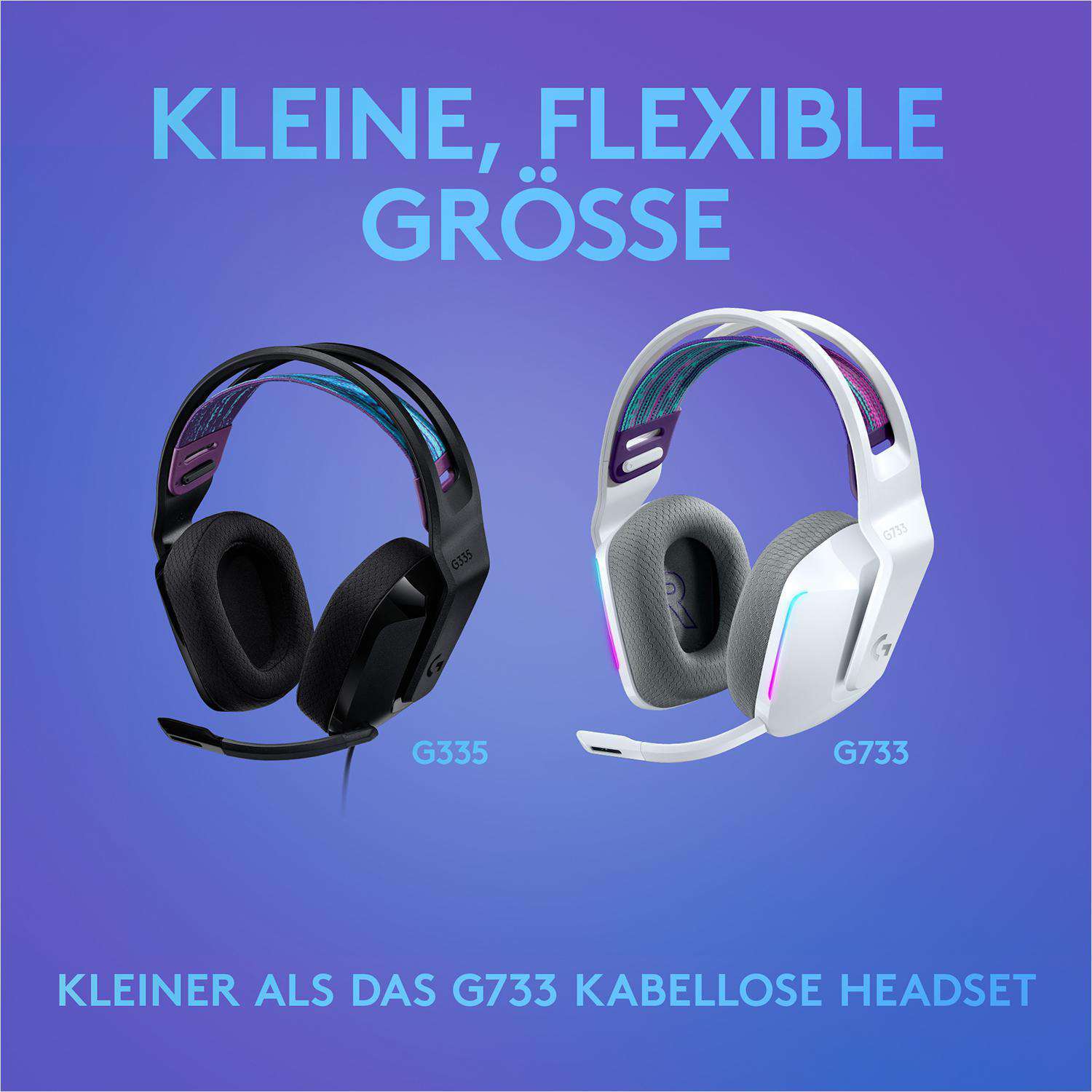 Zwei Gaming-Headsets, schwarz und weiß. Das weiße ist kleiner als das schwarze.