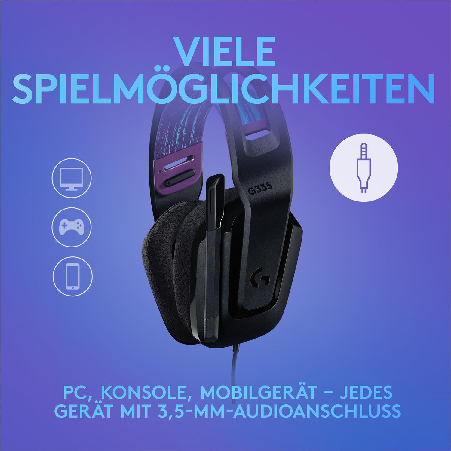 Gaming-Headset mit Mikrofon. Blaues und lilafarbenes Farbschema. Symbole für PC, Konsole und Mobilgeräte.