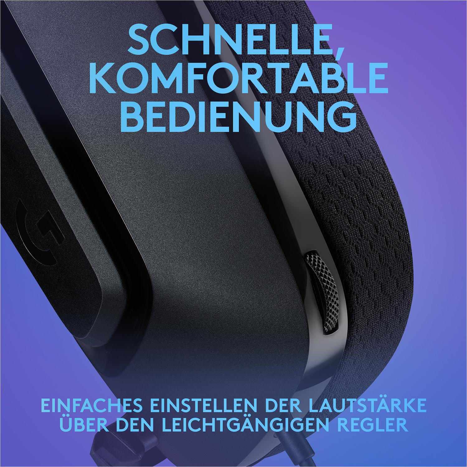 Schwarzes Headset. Text: Schnelle, komfortable Bedienung. Einfache Lautstärkeregelung.