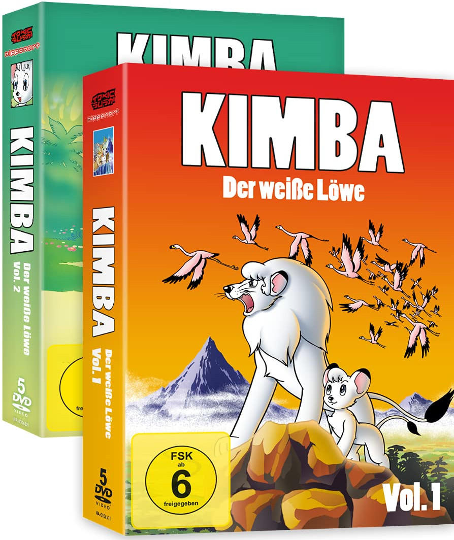 Kimba, der weiße Löwe DVD-Boxen mit einem Cartoon-Löwenbild, in Grün und Rot.