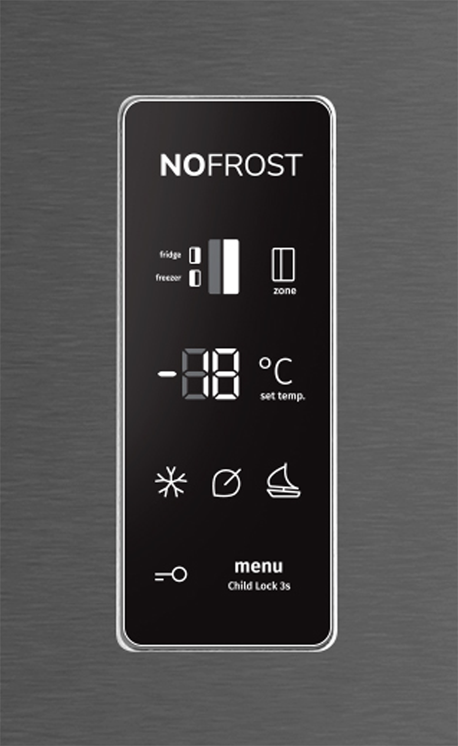 Zwart bedieningspaneel van de koelkast met een digitale display die de temperatuur toont.