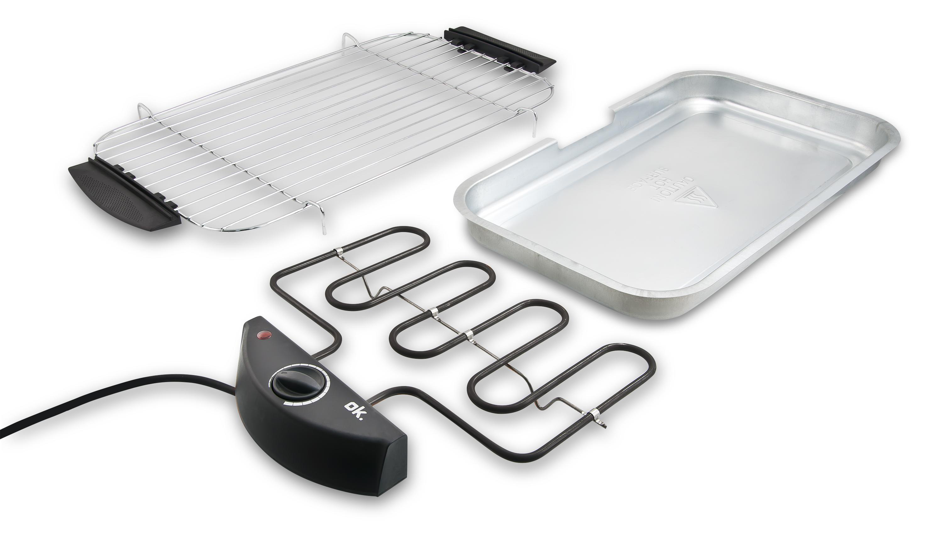 Ein Grill mit Teilen: ein Heizelement, ein Grillrost und eine Tropfschale.