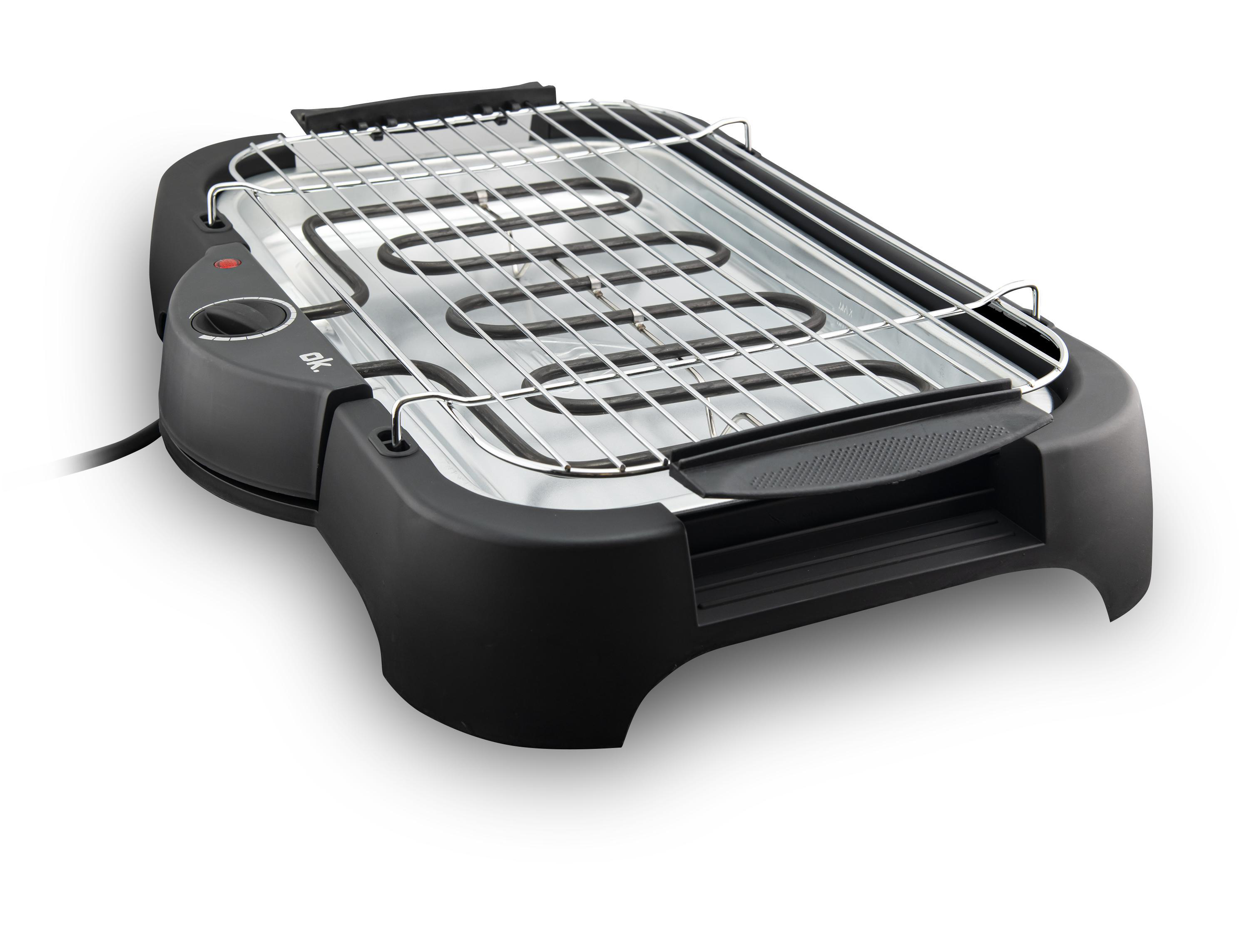 Schwarzer Elektrogrill mit einer Chrom-Grillfläche. Er hat einen Drehregler zur Temperaturregelung.