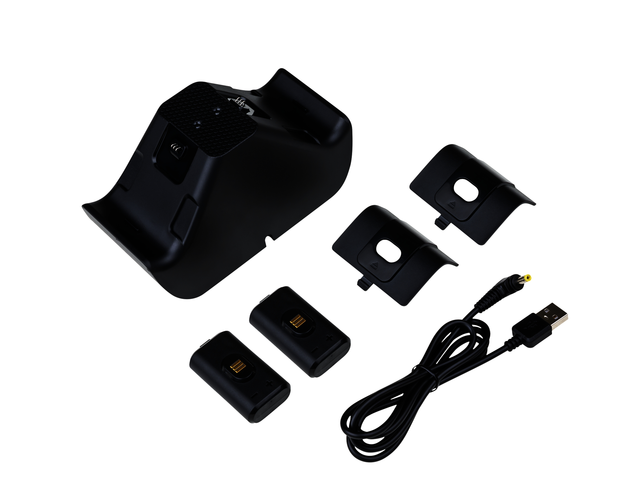Eine schwarze Ladestation mit zwei Batterien und einem USB-Ladekabel.