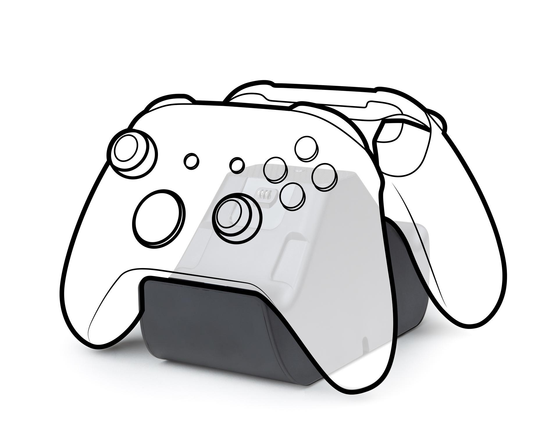 Schwarz-weiße Strichzeichnung eines Gamecontrollers und seiner Ladestation.