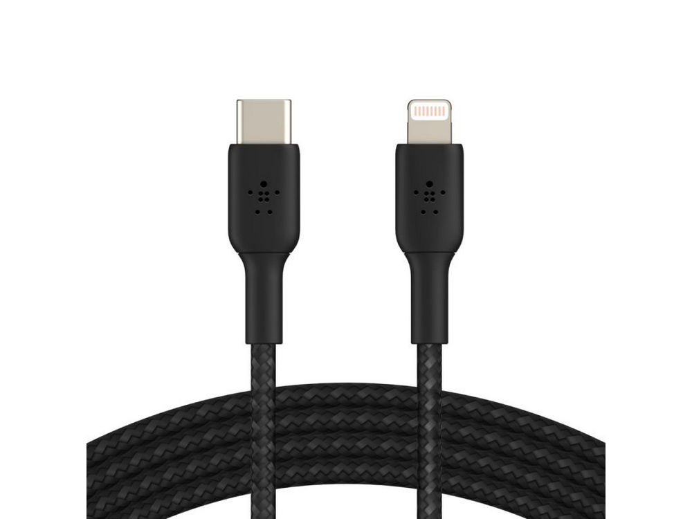 Dos cables de carga negros con extremos diferentes. Un USB-C y un conector Lightning.