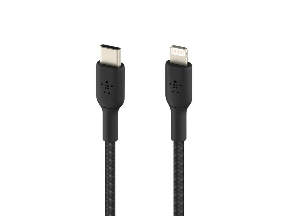 Cables de carga negros, uno con conector USB-C, el otro con conector Lightning.