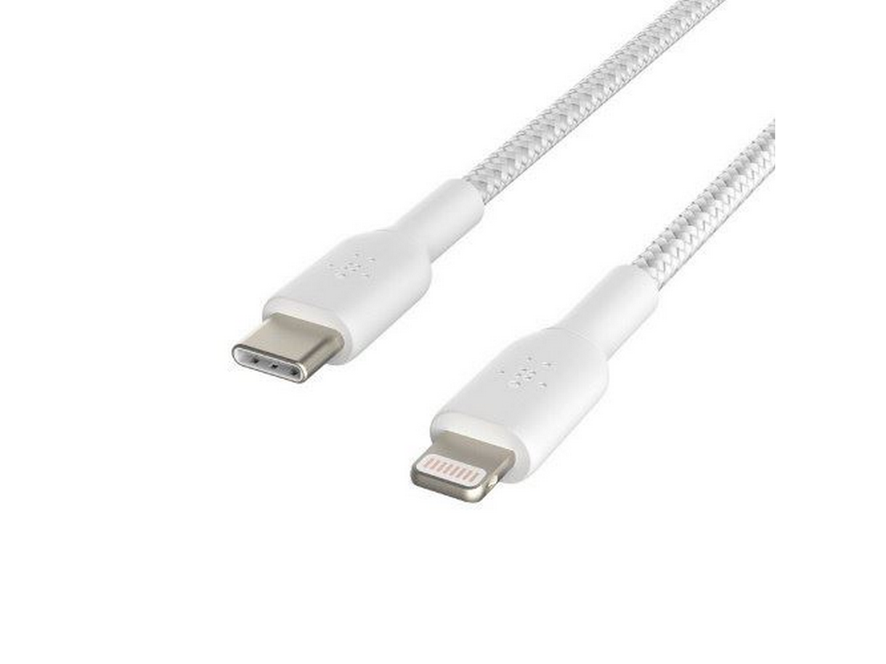 Cable USB-C a Lightning blanco. Un extremo USB-C, otro Lightning, sobre fondo blanco.