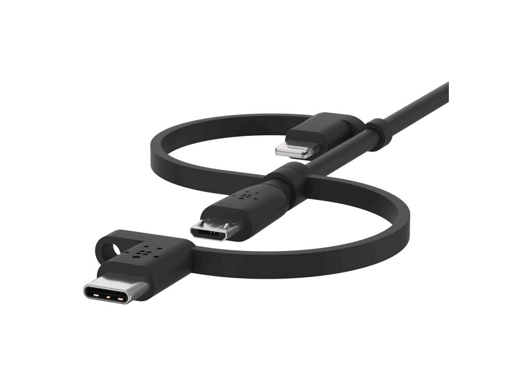 Cable negro multiconector con conectores USB-C, Micro-USB y Lightning.