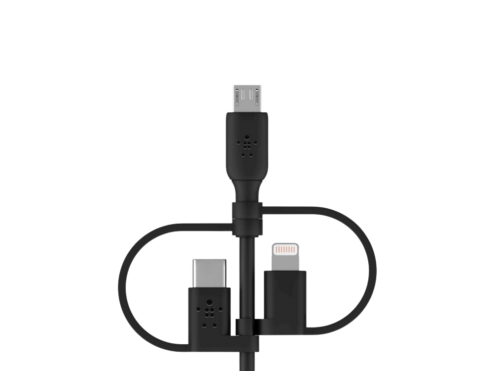 Adaptador multipuerto negro con conectores USB-C, Lightning y micro-USB, fondo negro.