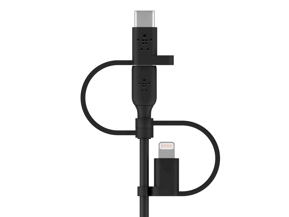 Cable de carga negro con múltiples conectores, sobre fondo blanco.
