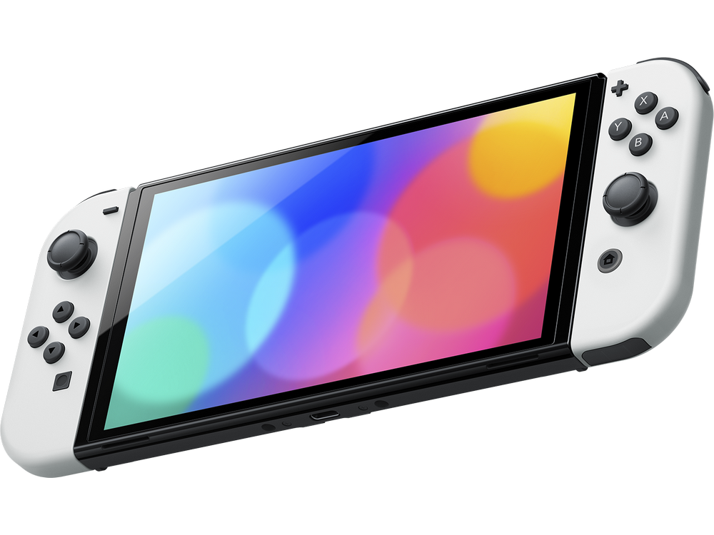 Consola Nintendo Switch blanca con mandos blancos desmontados, pantalla colorida.