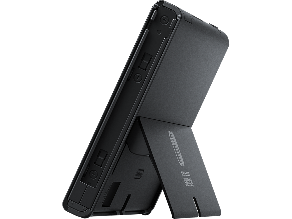 Consola Nintendo Switch negra sobre un soporte. La pantalla está hacia atrás.