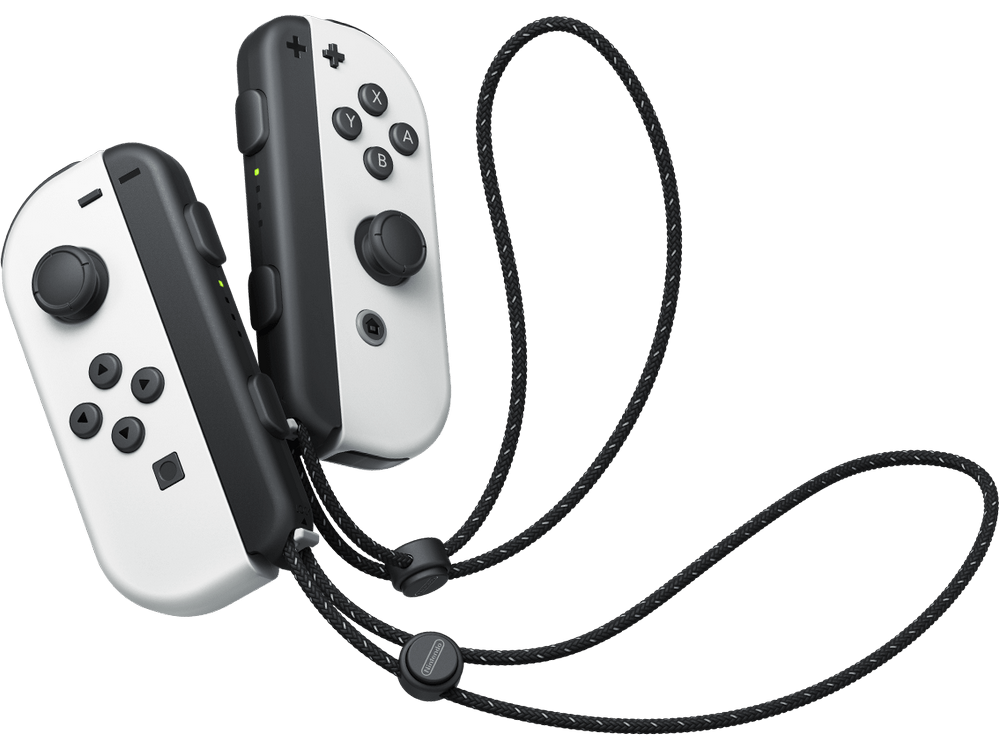 Par de mandos Joy-Con de Nintendo Switch blancos y negros con correas.