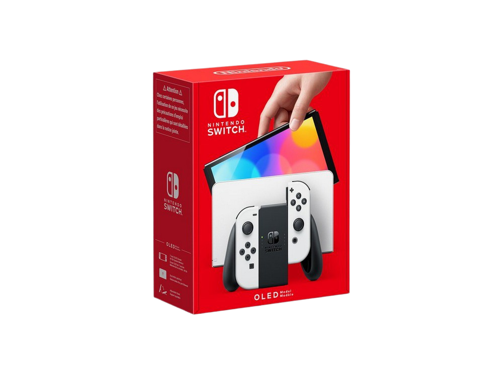 Una caja modelo Nintendo Switch OLED roja y blanca y una mano sosteniendo la consola.