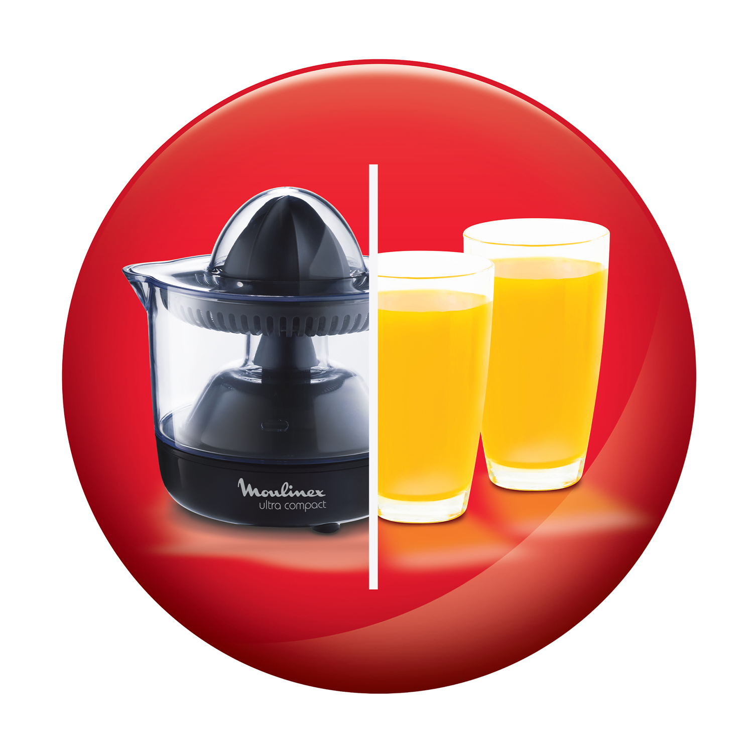 Spremiagrumi con due bicchieri di succo, all'interno di un telaio circolare rosso.