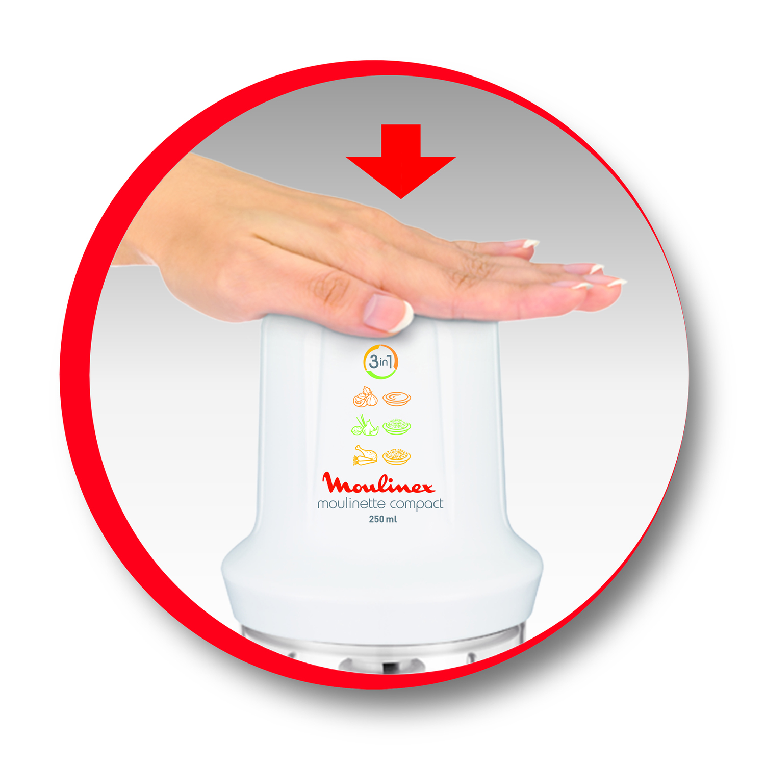 Una mano preme un pulsante su un Moulinex bianco. Cornice circolare rossa.