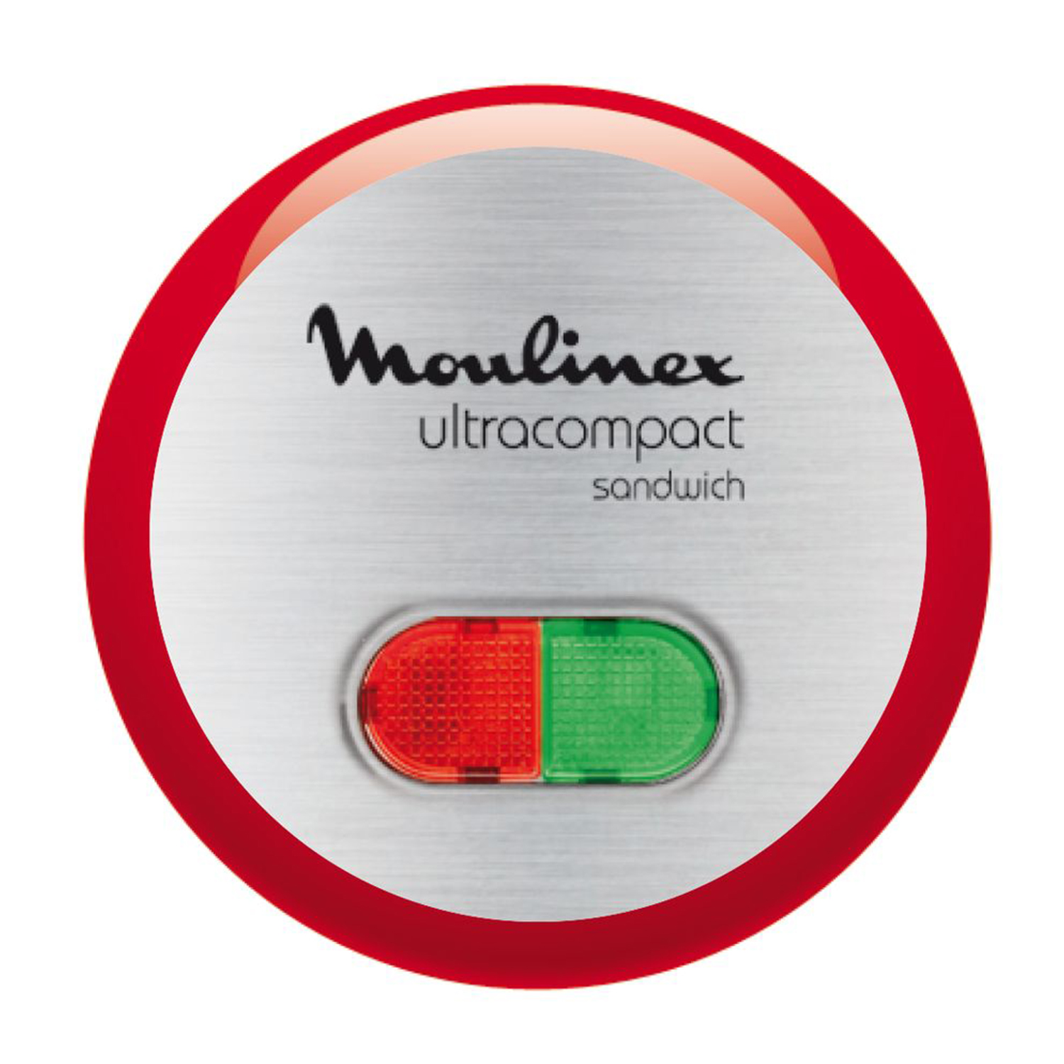 Una sandwichiera Moulinex con indicatore luminoso rosso e verde su una superficie argentata.