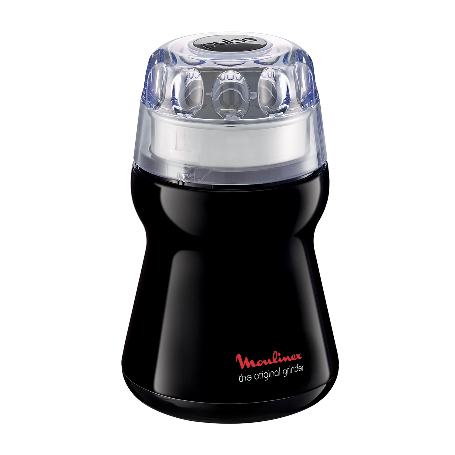 Un macinacaffè Moulinex nero con coperchio trasparente, su sfondo bianco.